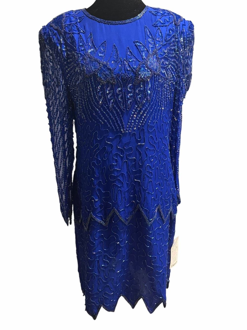 Vintage NWTLaurence Kazar Royal Blue Silk Beaded Butterfly Cocktail Dress XL